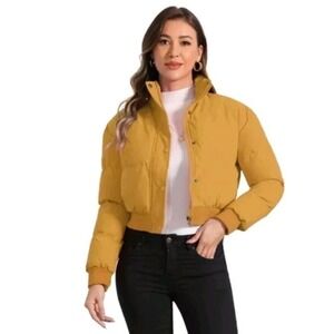 Women's Puffy Jacket Small Yellow Puffer Marshmallow Cropped Moto Coat Old Money